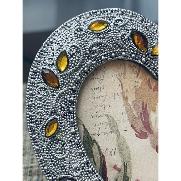 Filigree Style Heart-Shaped Desktop Frame Silver Tone Metal Yellow Rhinestones - Picture 6 of 10